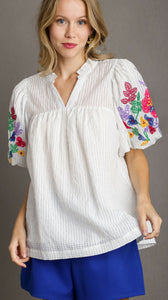 Checkered Bubble Sleeve Embroidery Top