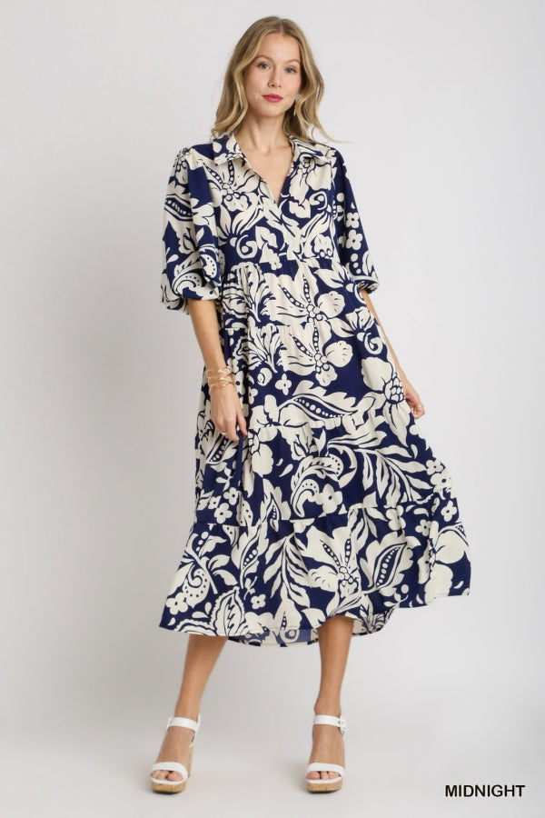 Floral Two Tone Print Tiered Dress with Balloon Sleeve
