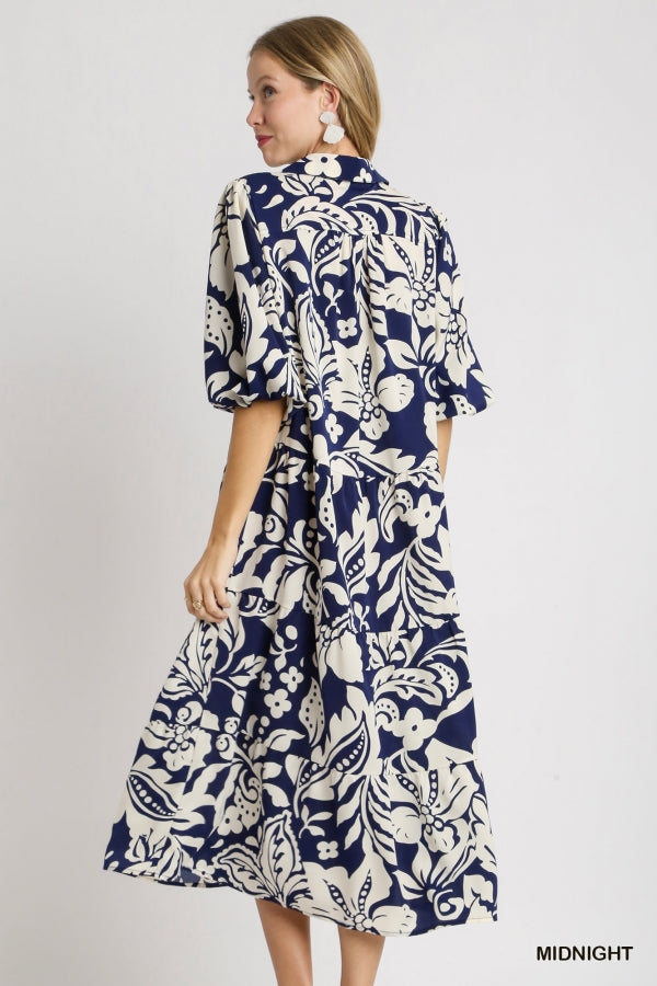Floral Two Tone Print Tiered Dress with Balloon Sleeve