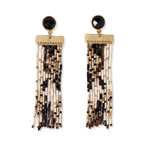 Stone Post With Organic Shapes Beaded Fringe Earrings