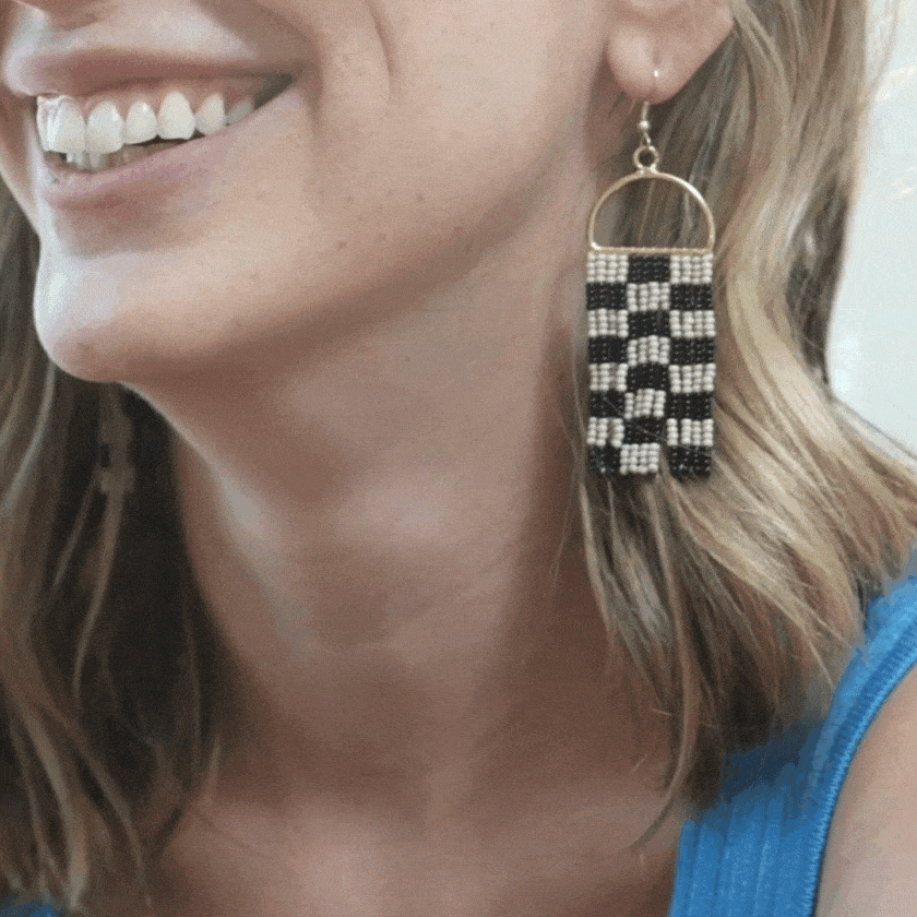 Allison Checkered Beaded Fringe Earrings Black