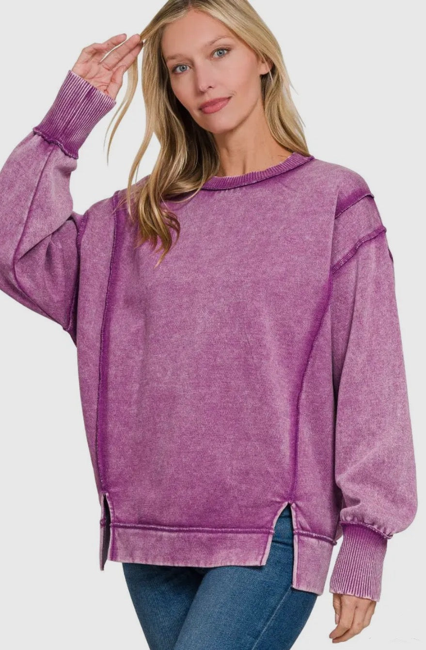 Acid Wash Exposed-seam Fleece Sweatshirt