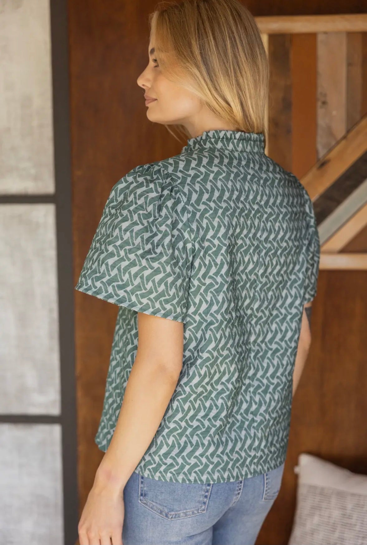 Ruffled High Neck Abstract Printed Top