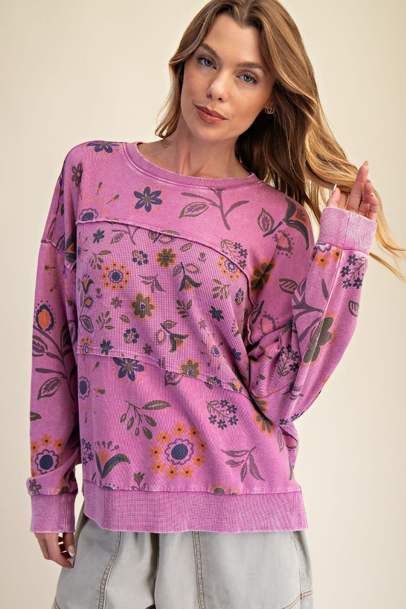 Floral Printed Washed Terry Pullover