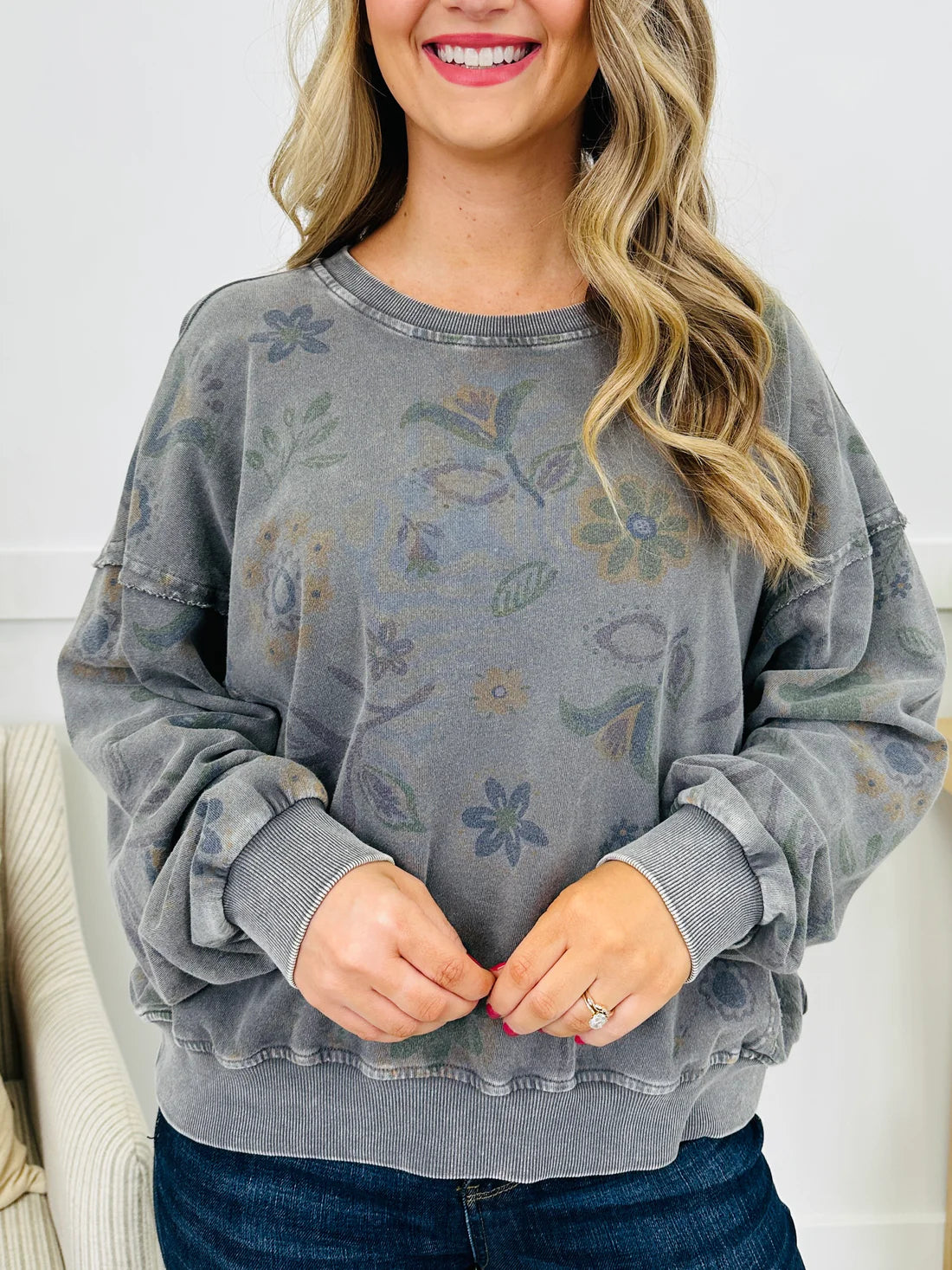 Floral Printed Washed Terry Pullover Grey (Sold Separately)