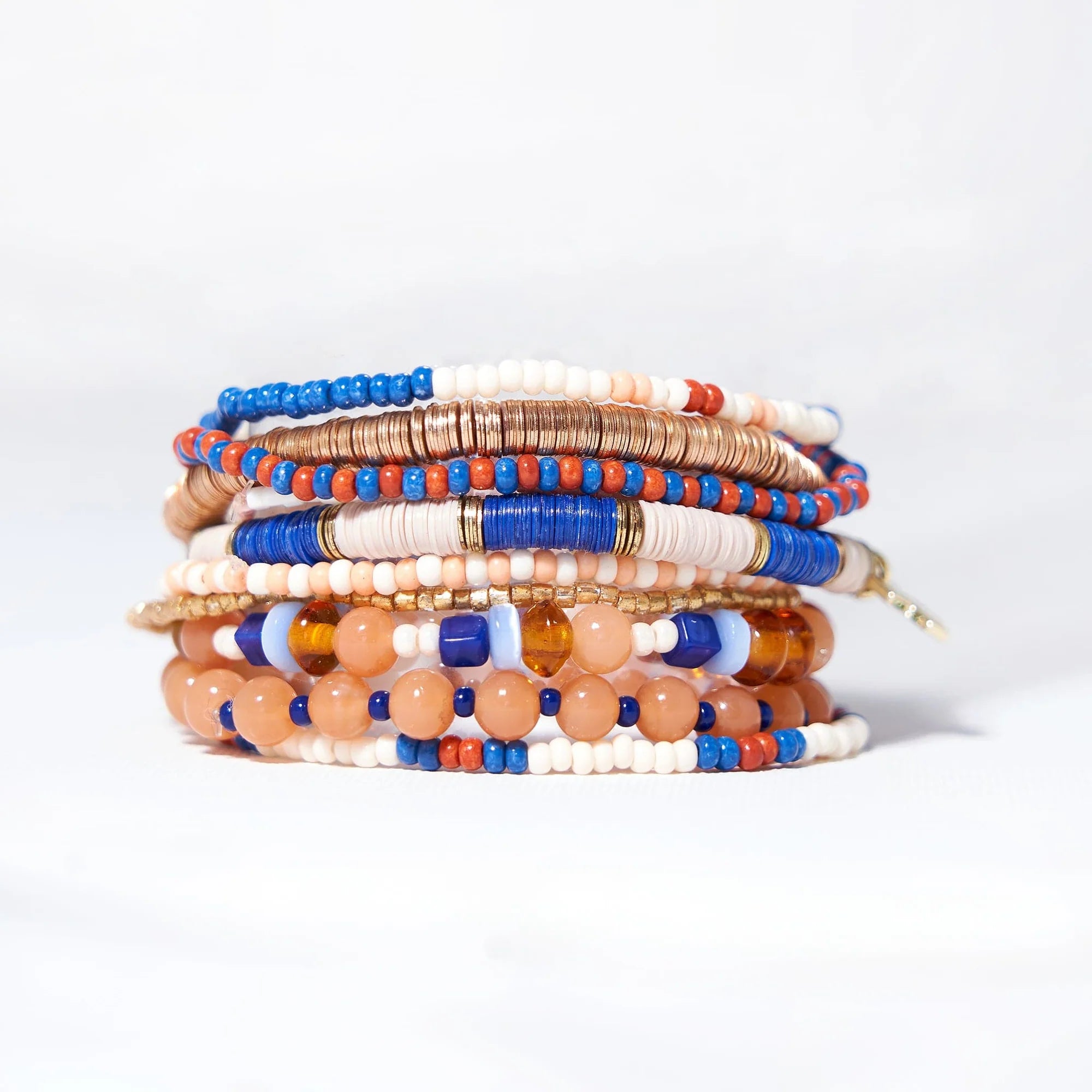 Mixed Bracelet Stack Of 8 Blue And Peach Wholesale