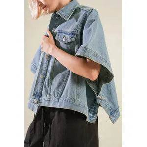 Washed Denim Cropped Bat Wing Jacket