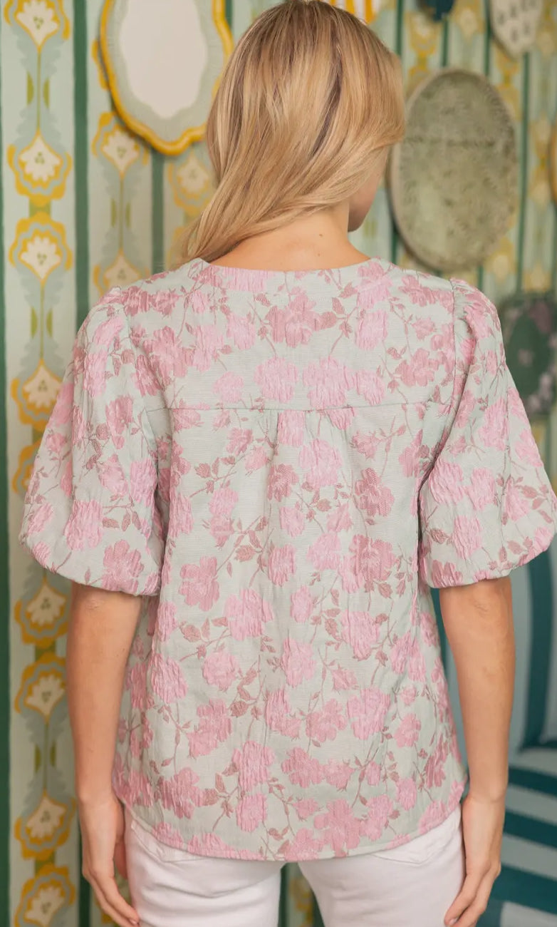 Floral Jaquard Puff Sleeve Blouse