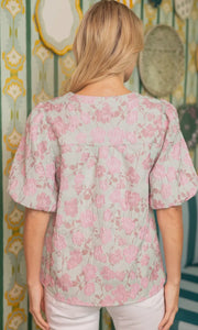 Floral Jaquard Puff Sleeve Blouse