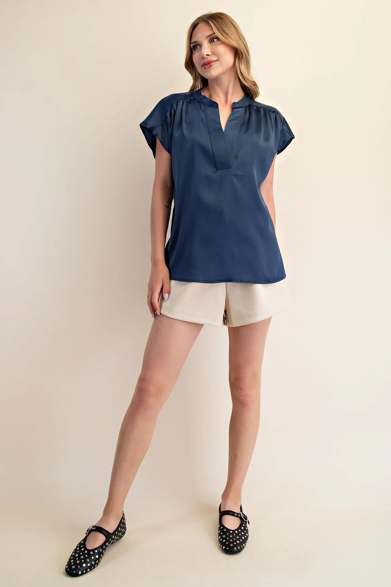 Round Neck V-Neck Drop Cap Sleeve Satin Blouse