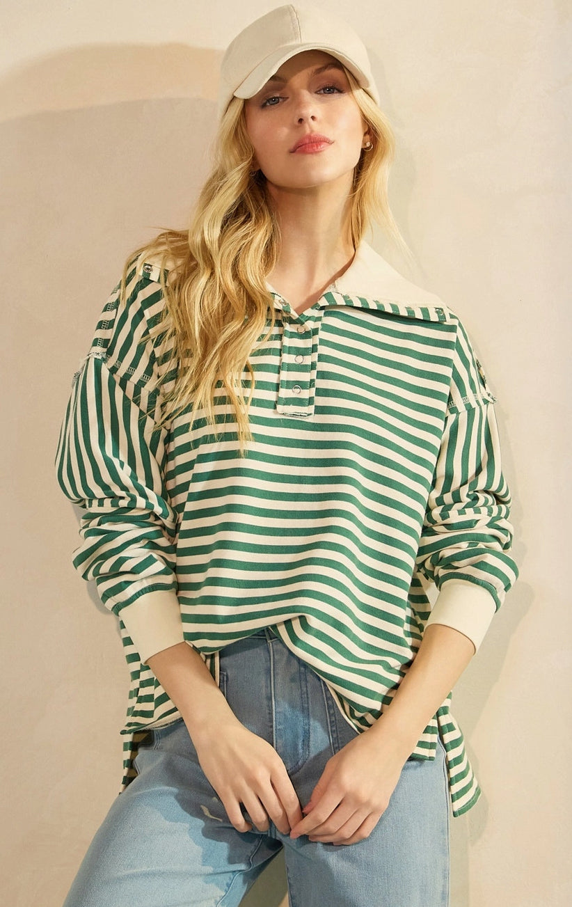Striped Print Henley Oversized Collar Pullover