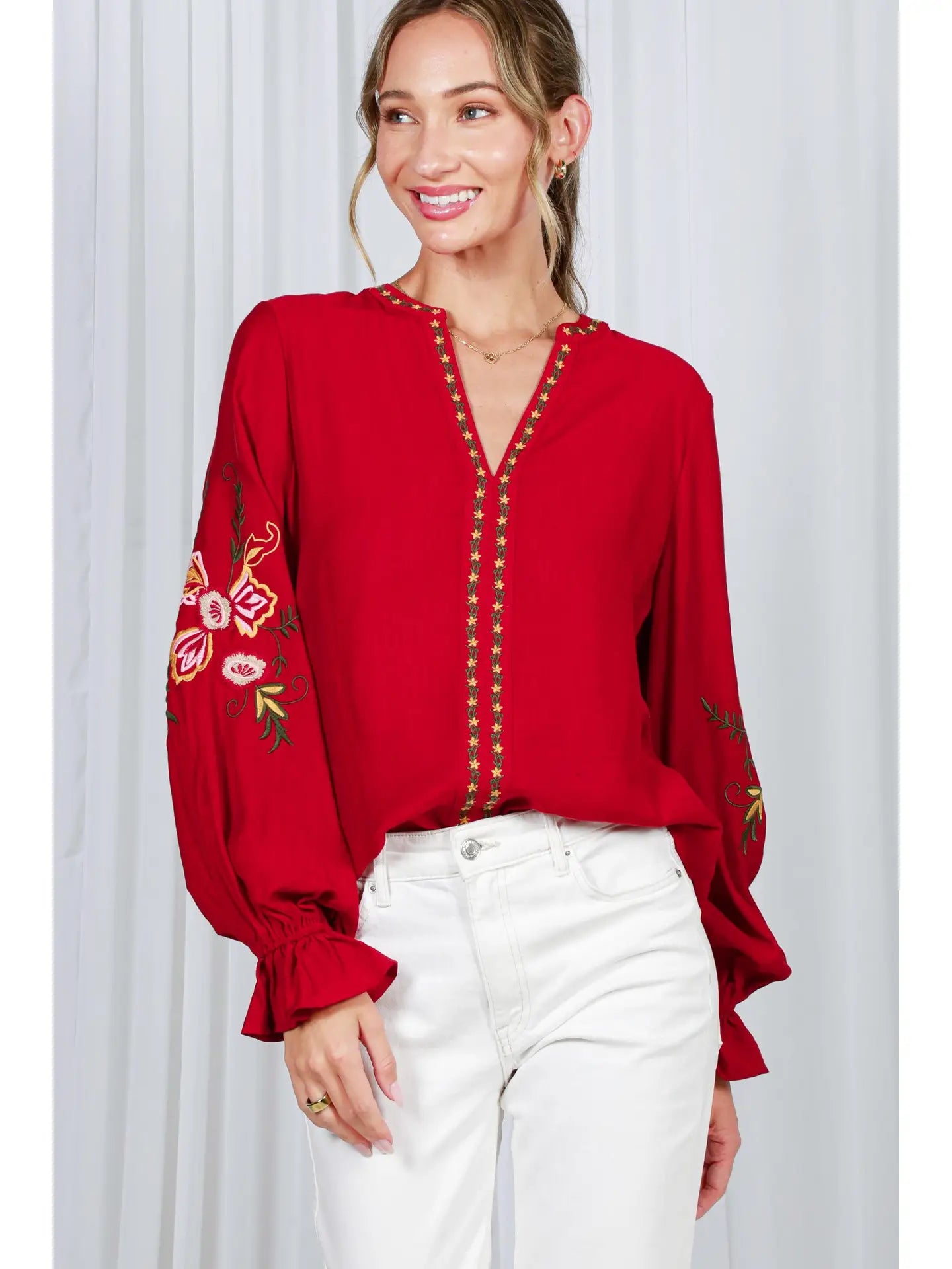 Bohemian Floral Embroidered Round Split Neck Blouse