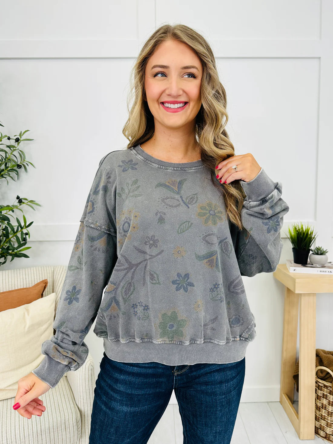 Floral Printed Washed Terry Pullover Grey (Sold Separately)