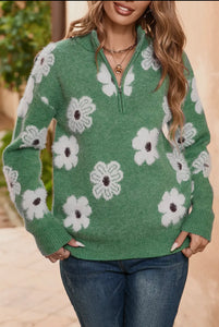 Floral Pattern Half Zip Sweater