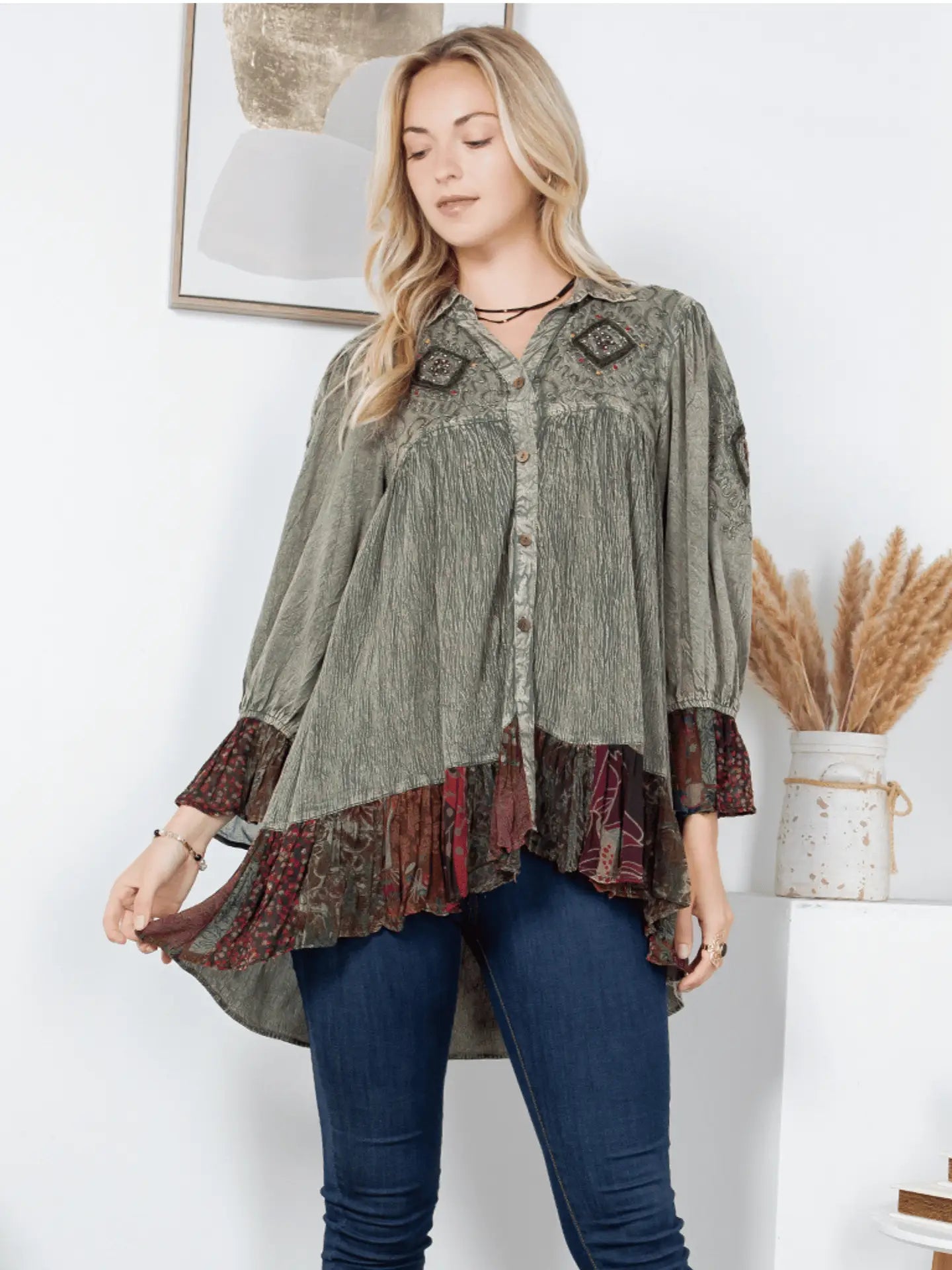 Vintage Bohemian : Puffed Sleeves Buttondown Top