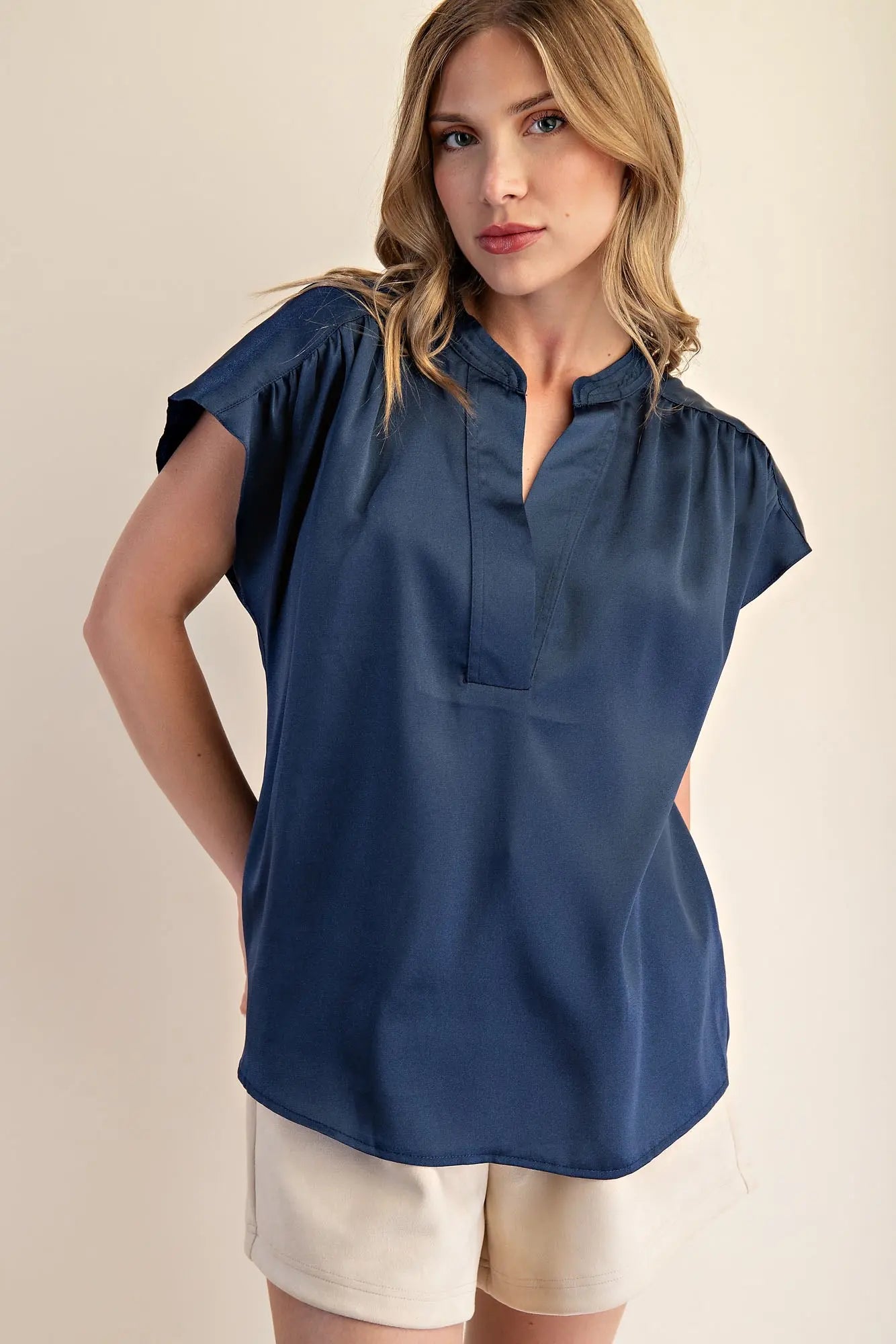 Round Neck V-Neck Drop Cap Sleeve Satin Blouse