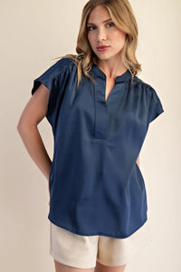 Round Neck V-Neck Drop Cap Sleeve Satin Blouse
