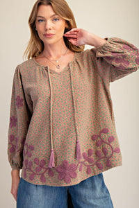 Bubble Sleeve Embroidered Detailing Washed Top