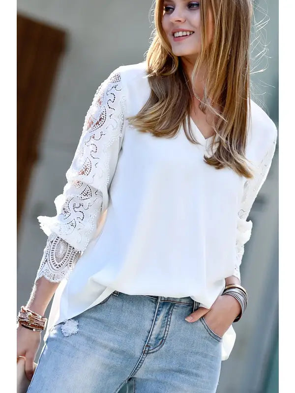 Lace Patch Sleeve V-Neck Blouse Top