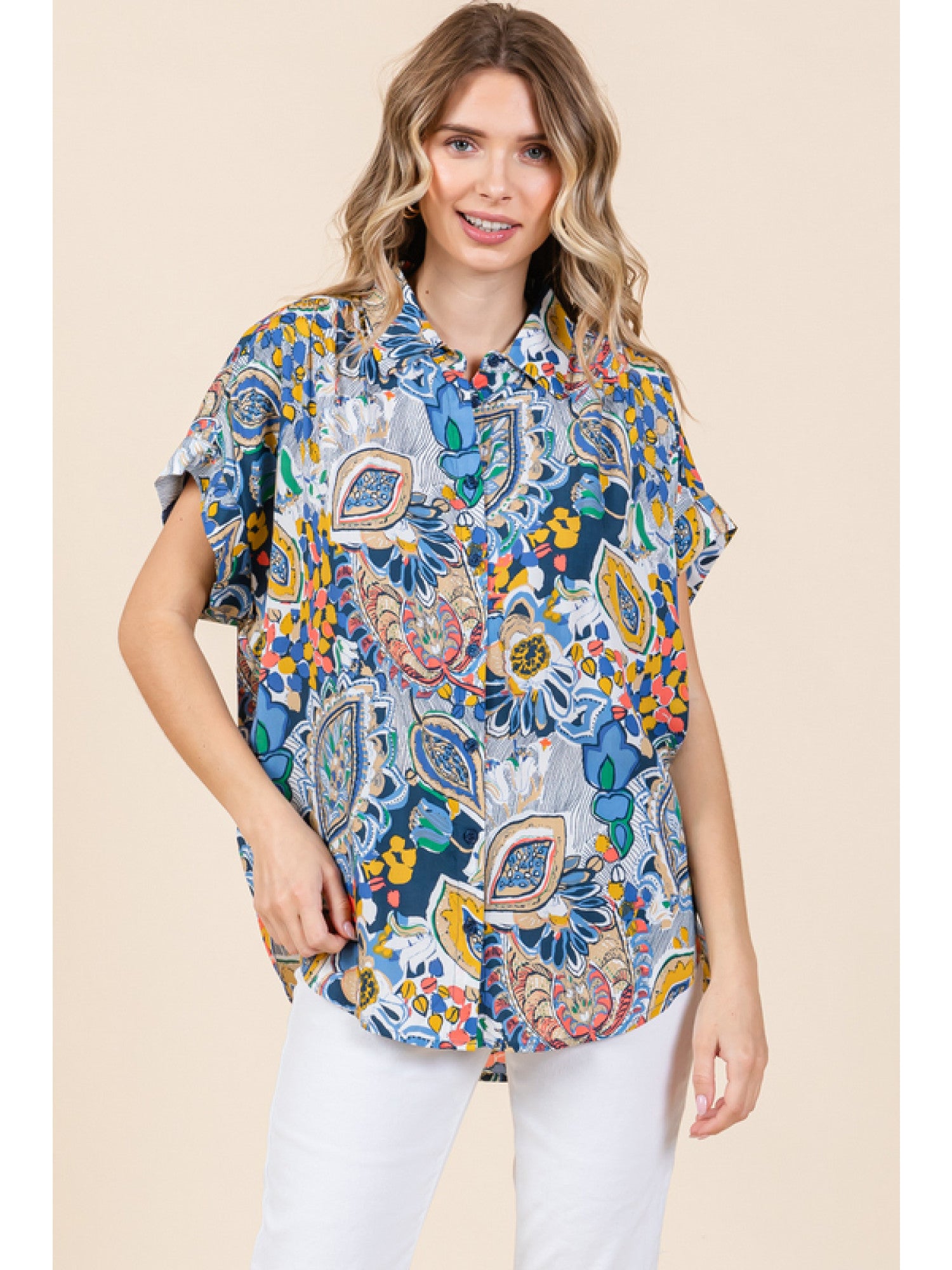 Paisey Print Collared Button Up Top