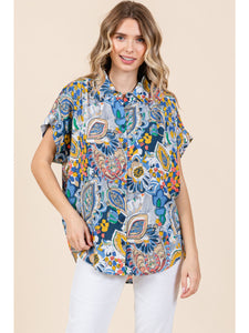 Paisey Print Collared Button Up Top