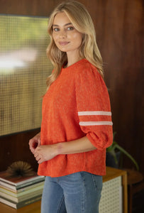 Striped Detail Half Puff Sleeve Ribbed Top