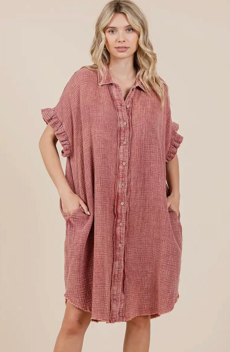 Mineral Wash Cotton Gauze Mini Shirt Dress