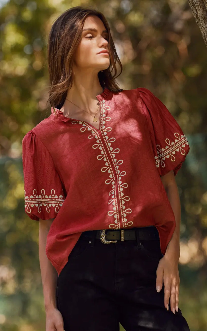 Embroidered Short Sleeve Bubble Blouse