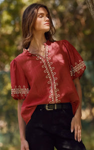 Embroidered Short Sleeve Bubble Blouse