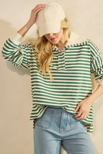 Striped Print Henley Oversized Collar Pullover