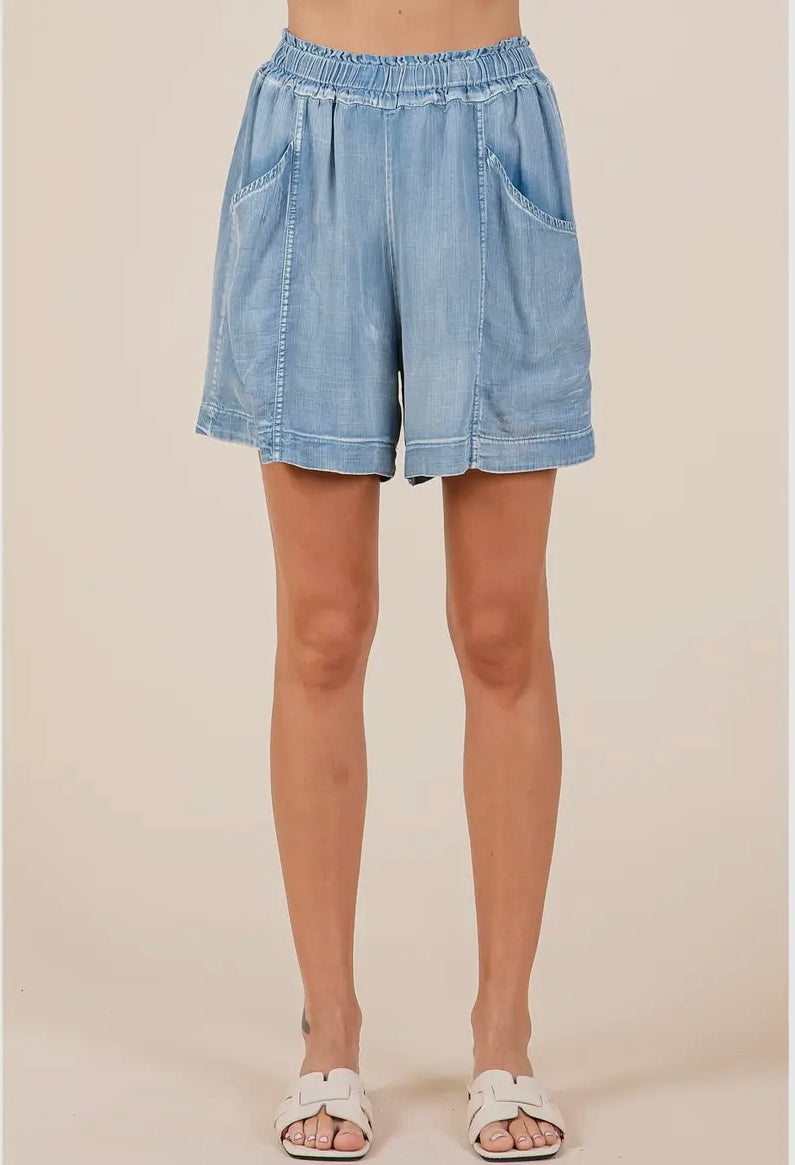 Washed Chambray Elastic Waist Easy Fit Shorts
