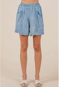 Washed Chambray Elastic Waist Easy Fit Shorts