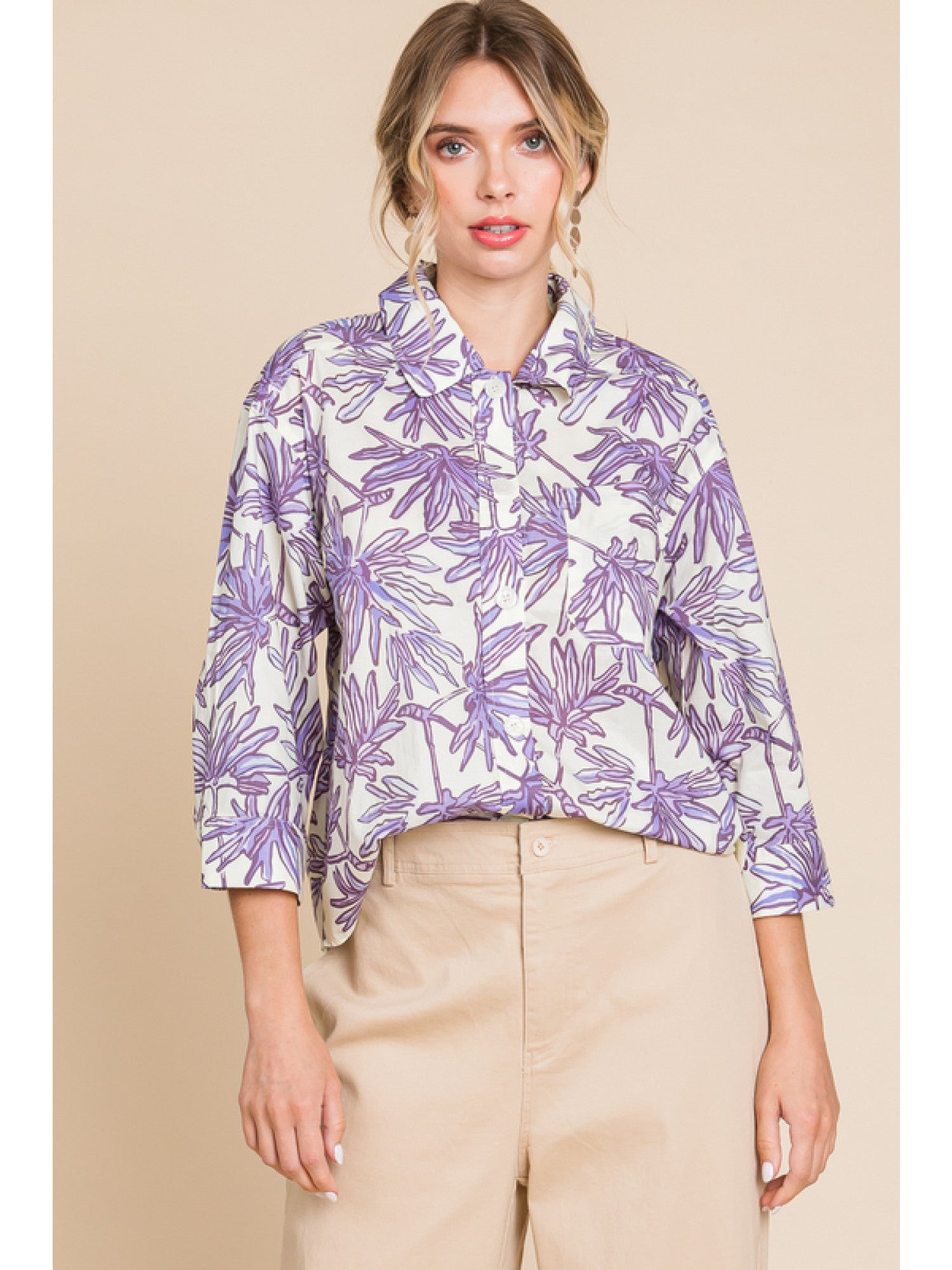 Plant Print Top With Collared Neck