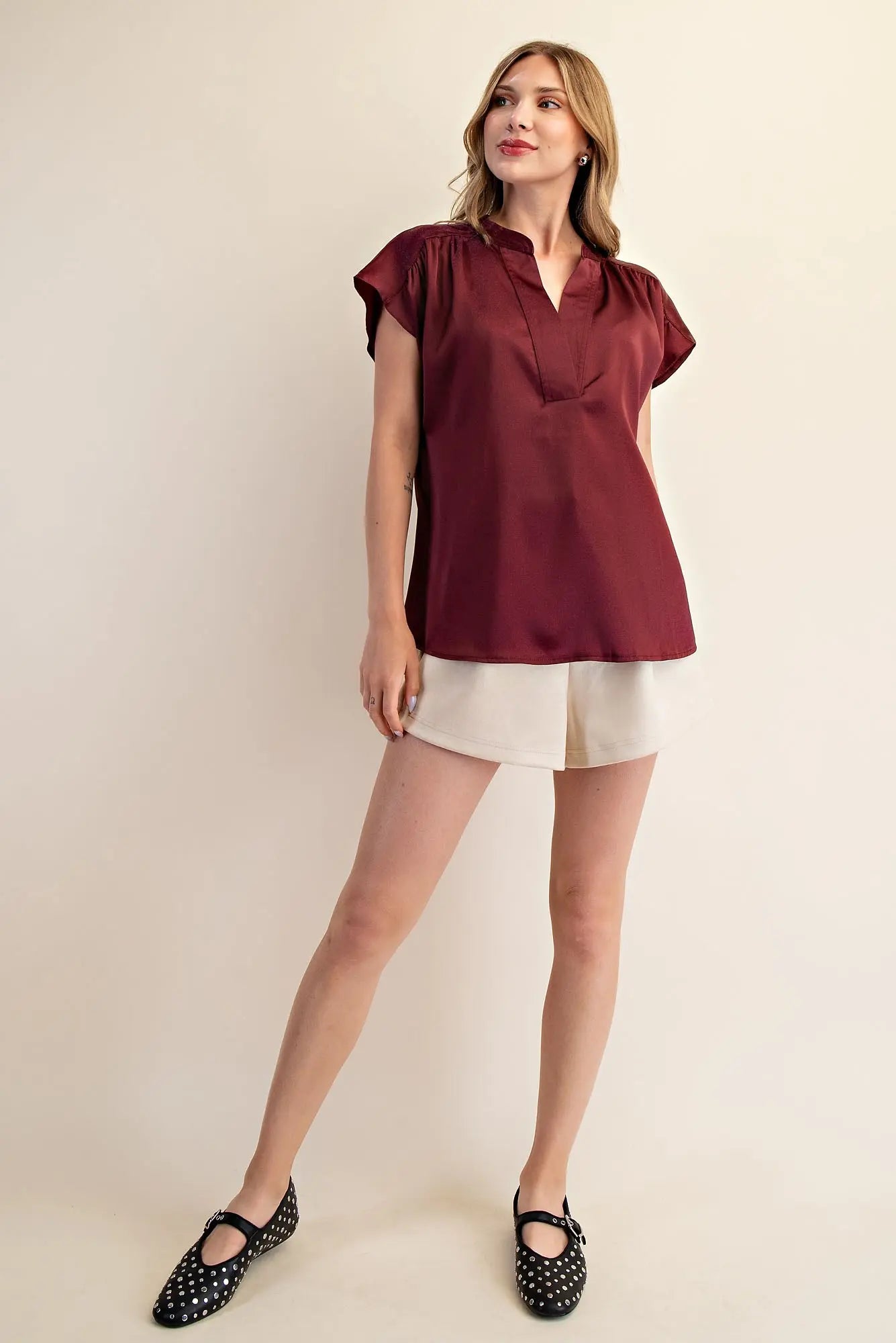 Round Neck V-Neck Drop Cap Sleeve Satin Blouse