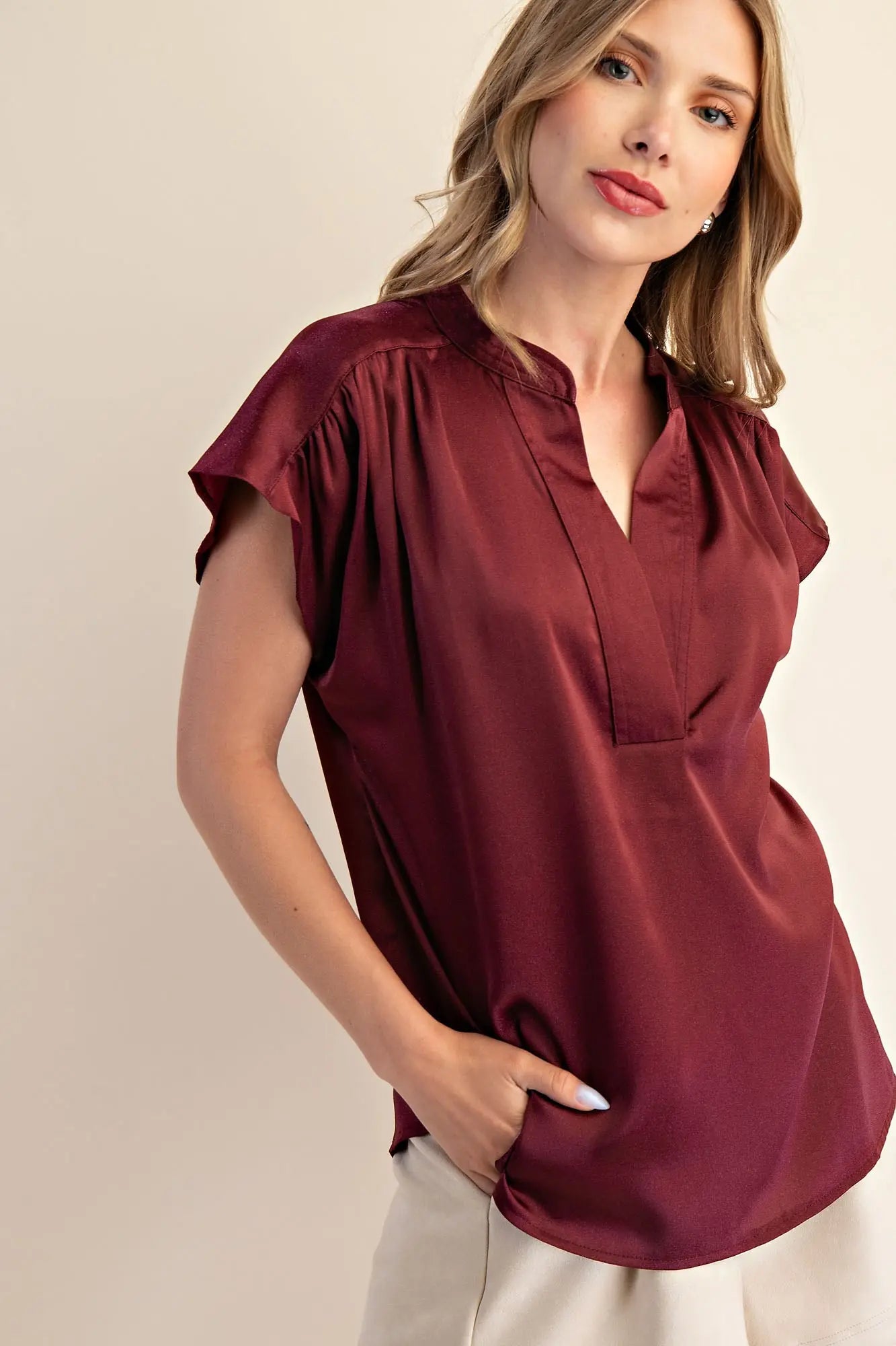 Round Neck V-Neck Drop Cap Sleeve Satin Blouse