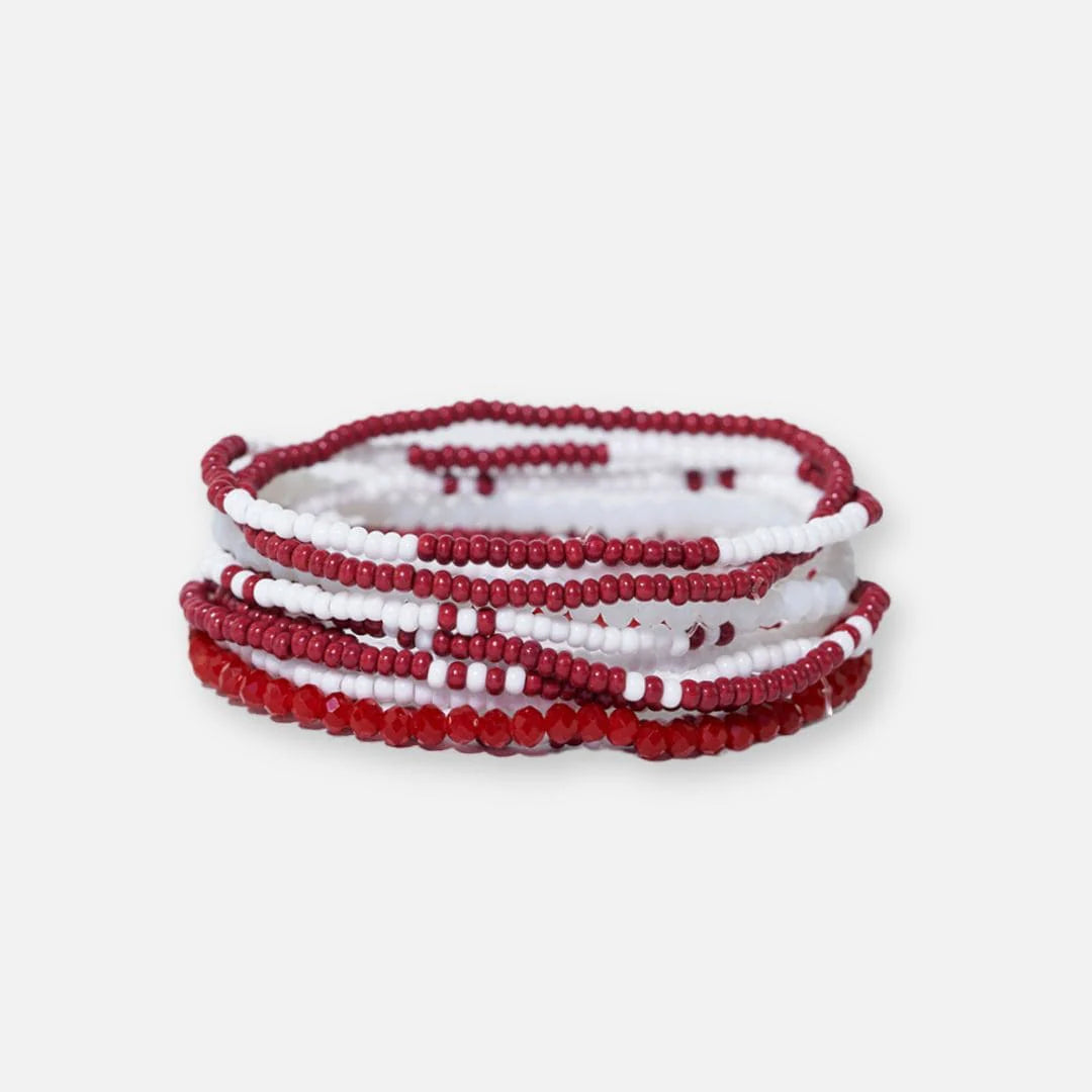 Color Block Beaded 10 Strand Stretch Bracelets Dark Red And White