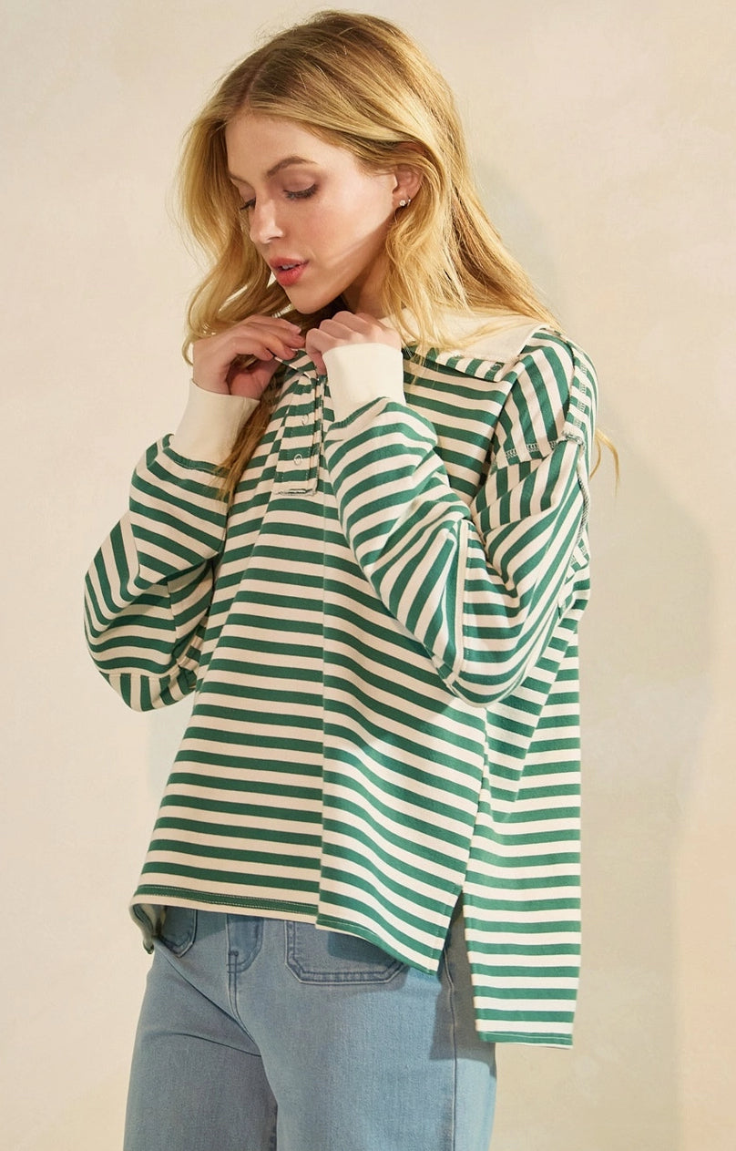Striped Print Henley Oversized Collar Pullover