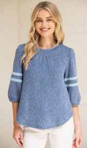 Striped Detail Half Puff Sleeve Ribbed Top