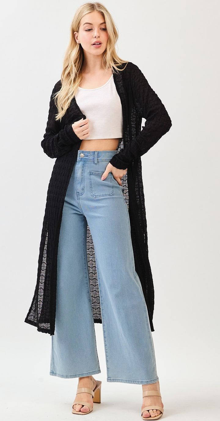 Textured Sheer Long Sleeve Side Slit Maxi Cardigan
