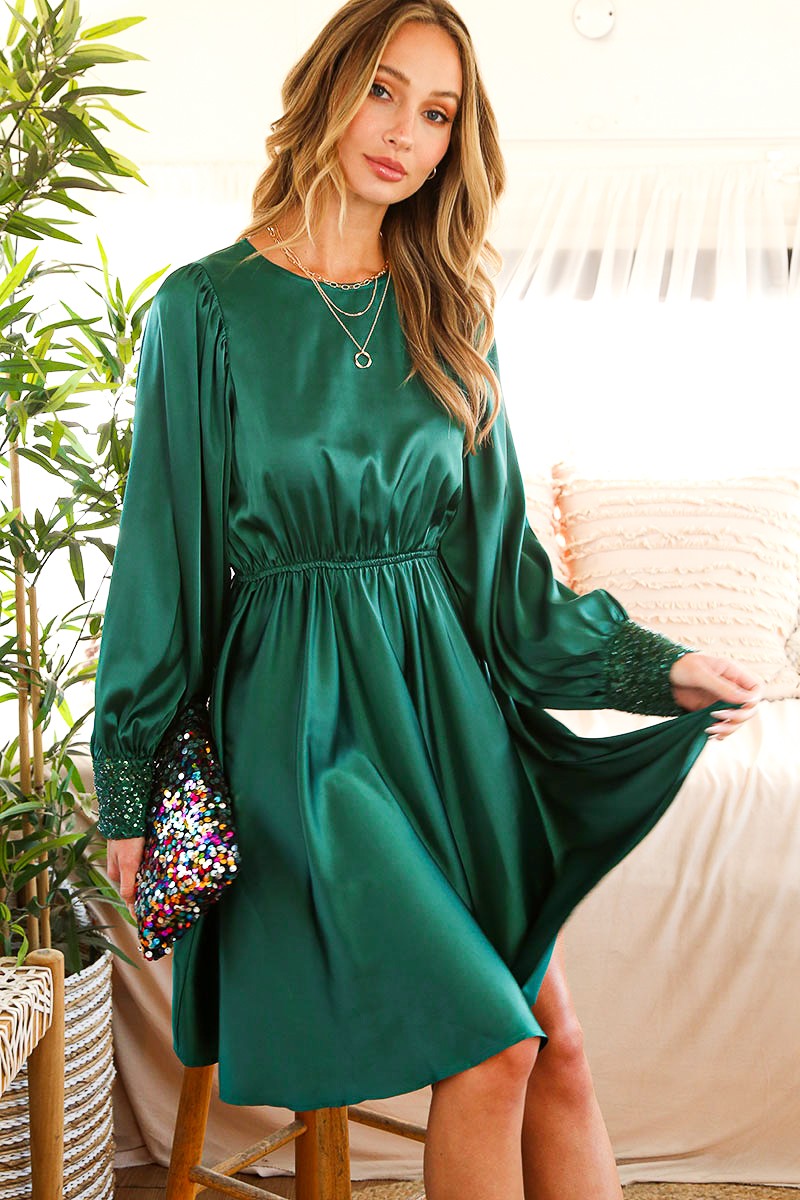 Sequin Detail Swing Satin Knee Dress
