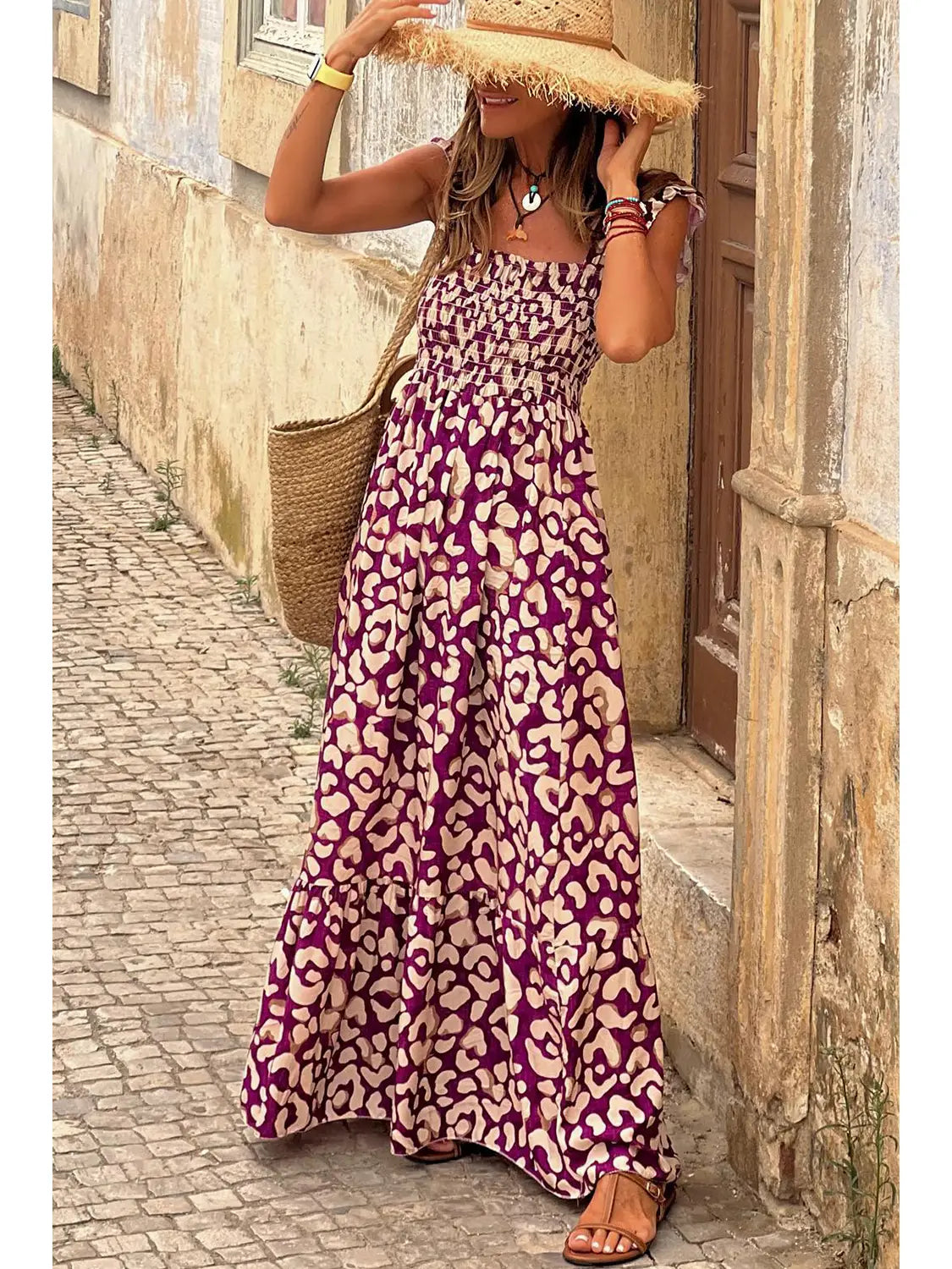 Rose Leopard Smocked High Waist Long Dress