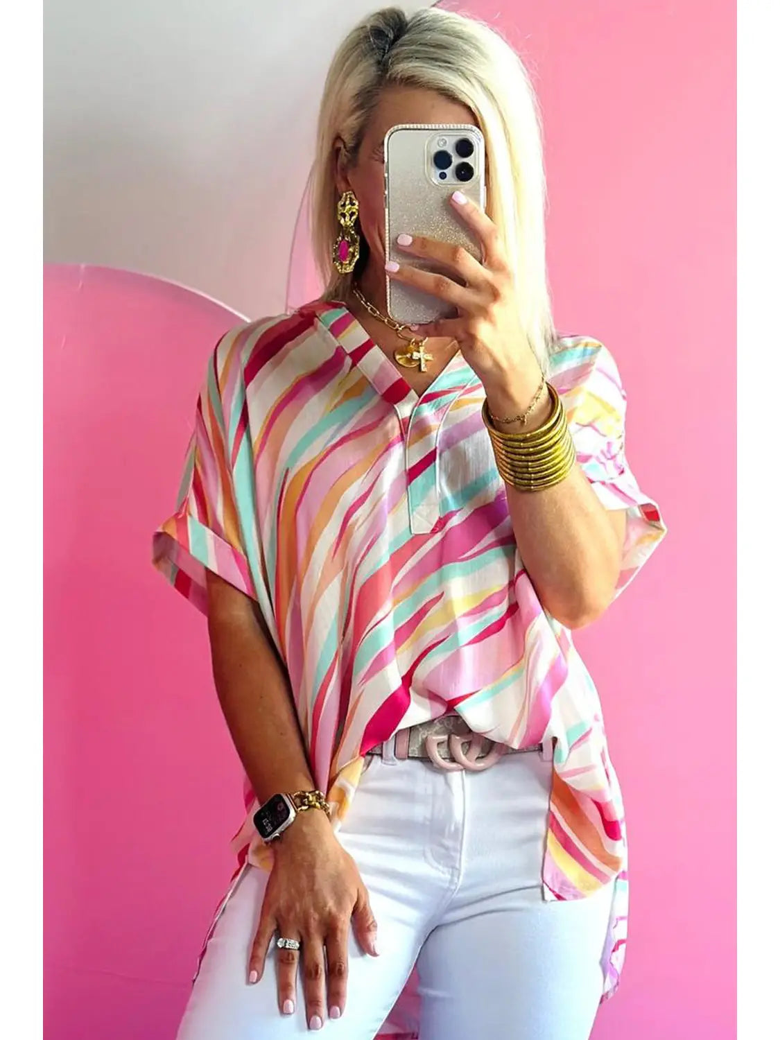 Multicolour Abstract Print Short Sleeve Blouse