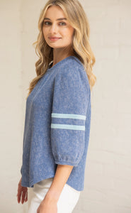 Striped Detail Half Puff Sleeve Ribbed Top