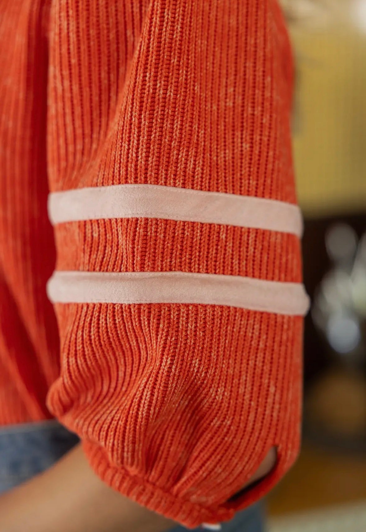 Striped Detail Half Puff Sleeve Ribbed Top