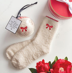 Cozy Socks in Ornament - Blush with Red Bow/Trim