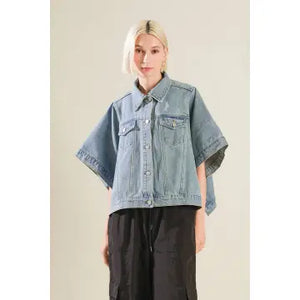 Washed Denim Cropped Bat Wing Jacket