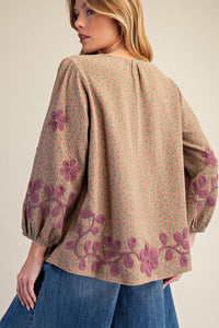 Bubble Sleeve Embroidered Detailing Washed Top