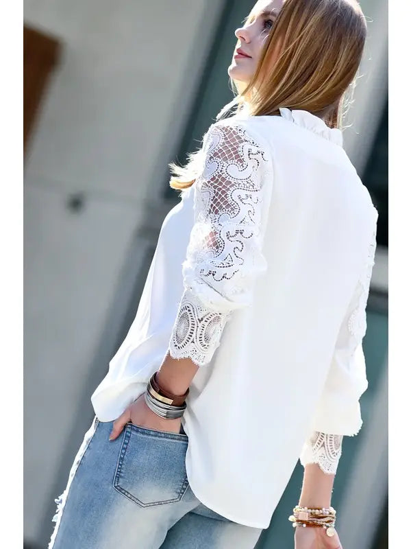 Lace Patch Sleeve V-Neck Blouse Top