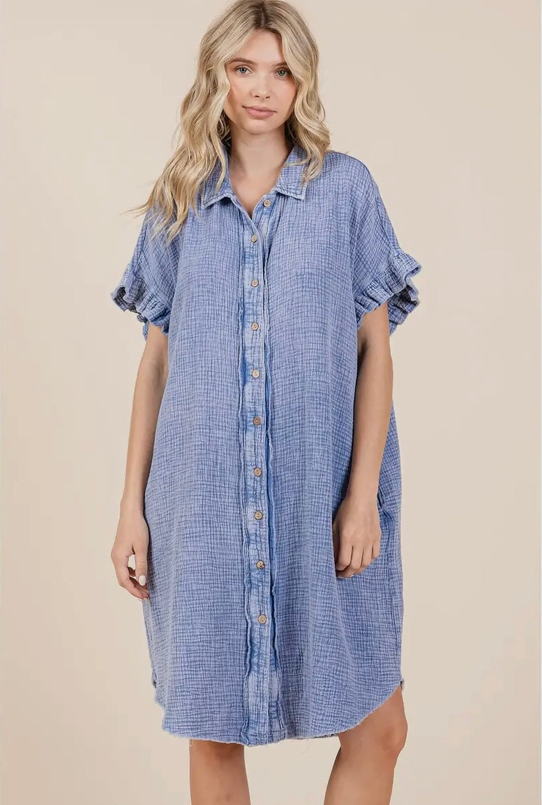 Mineral Wash Cotton Gauze Mini Shirt Dress