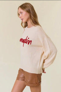 Pumpkin Letter Embroidered Oversized Sweater Top